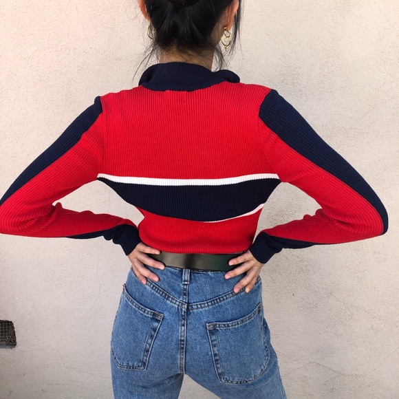 Vintage Red, White, Blue O-Ring Zip Knit Top - Picture 3 of 4